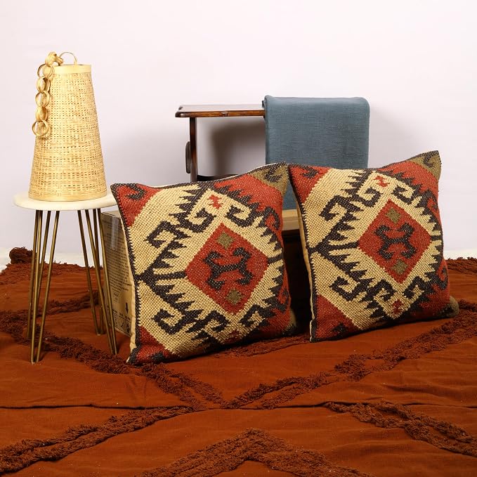Trade Star Handwoven Rug Decorative Pillowcase Kilim Cushion Cover Set of 2 Throw Pillow Cover 70% Jute 30% Wool Pillow Shams 18x18 Inches Decorative Designer Cushion Cover (Kilim 5)