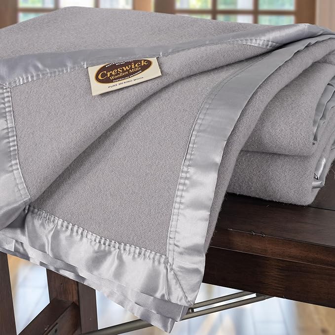 Creswick Woollen Mills 100% Australian Merino Wool Blanket – Soft Warm and Natural with Satin Binding, Breathable Luxury Bedding for All Seasons, (Light Gray, Full/Queen Size)