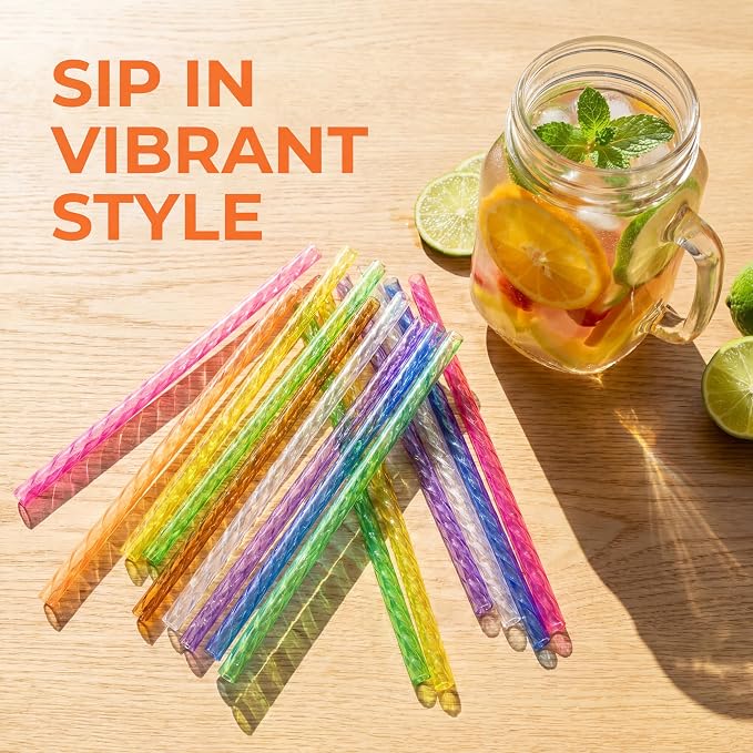 100PCS Reusable Straws with Cleaner Brush, 9.06" Long Colorful Clear Hard Plastic Swirl Drinking Straws for 12 oz 16 oz Mason Jar, Tumblers, Milk, Juice, Iced Coffee, Smoothies, Cocktail