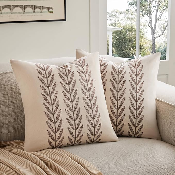 100% Cotton Farmhouse Leaves Throw Pillow Covers Set of 2, 18x18 Inch Chocolate Pastoral Decorative Print Cushion Covers for Sofa Bed Living Room Home Decor