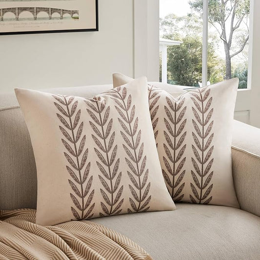 100% Cotton Farmhouse Leaves Throw Pillow Covers Set of 2, 24x24 Inch Chocolate Pastoral Decorative Print Cushion Covers for Sofa Bed Living Room Home Decor