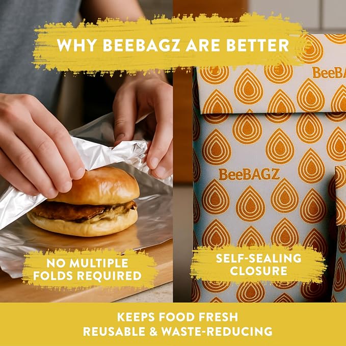 BeeBAGZ - Beeswax Wrap Storage Bag, Reusable Food Storage Bags, Pack of 3, Plastic Free Biodegradable Food Wrap Alternative, Starter Pack, 1 Small + 1 Medium + 1 Large, (Multicolors)