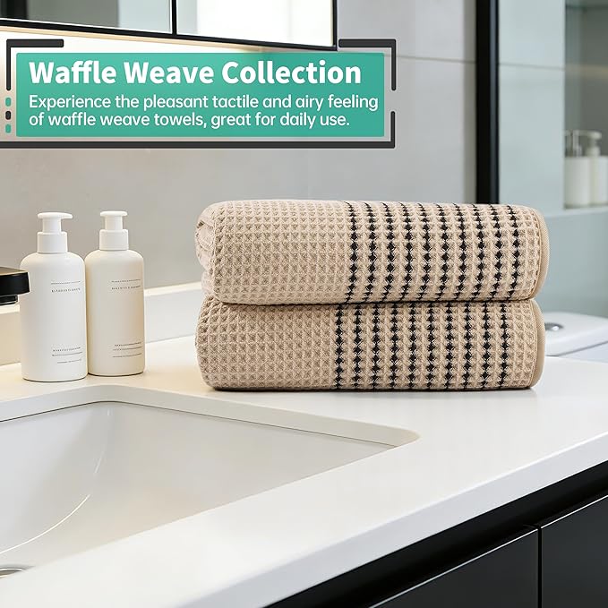 MICROFI New Microfiber Waffle Bath Towels, 2 Pieces, Soft, Absorbent, Fast Drying, Lint Free 430 GSM (Beige Striped)