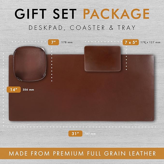 ELIZO Leather Desk Pad Real Leather Desk Mat Thick (3mm) Double Layer (32x16) Cover Blotter Desk Protector Large Computer Mat for Keyboard Mouse Pad Table Laptop Mat Office Accessories - Chestnut