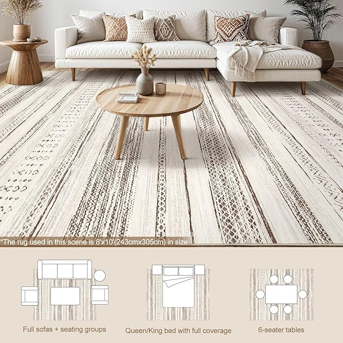 Tortania Area Rug Living Room Rugs - 8x10 Washable Large Soft Neutral Boho Moroccan Bohemian Farmhouse Rug Indoor Floor Carpet for Bedroom Under Dining Table Home Office Decor - Brown Beige