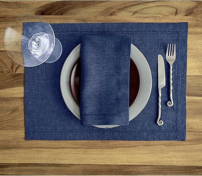 Solino Home Linen Cloth Placemats Set of 4-100% Pure Linen Hemstitch Chambray Navy Placemats 14 x 19 Inch - Milan Hemstitch Table Place Mats for 4th of July