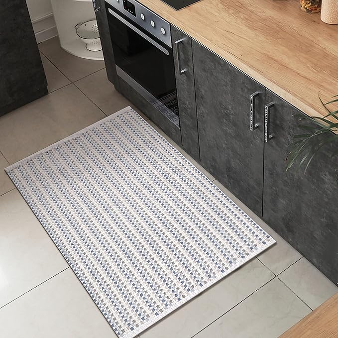 Cotton Chalk Stripe Woven Area Rug 2x3 Feet - Blue, Farmhouse Soft & Durable Decorative Washable Floor Rugs Ideal for Entryway, Bedroom, Kitchen | Geomatric Pattern Nersery Space Reversible Door Mats