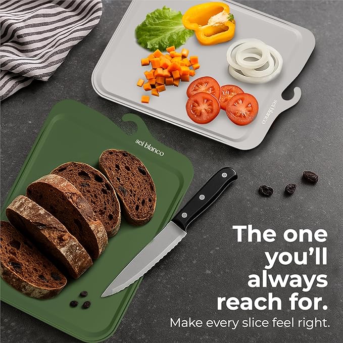 Premium Korean TPU Cutting Board Set of 2 - Non Scratch 13.8" x 9.8" Silicone Like Flexible Cutting Board for Meat - 5mm Thick and Durable - Dishwasher Safe - Non Slip Surface - Sleek Hanging Design