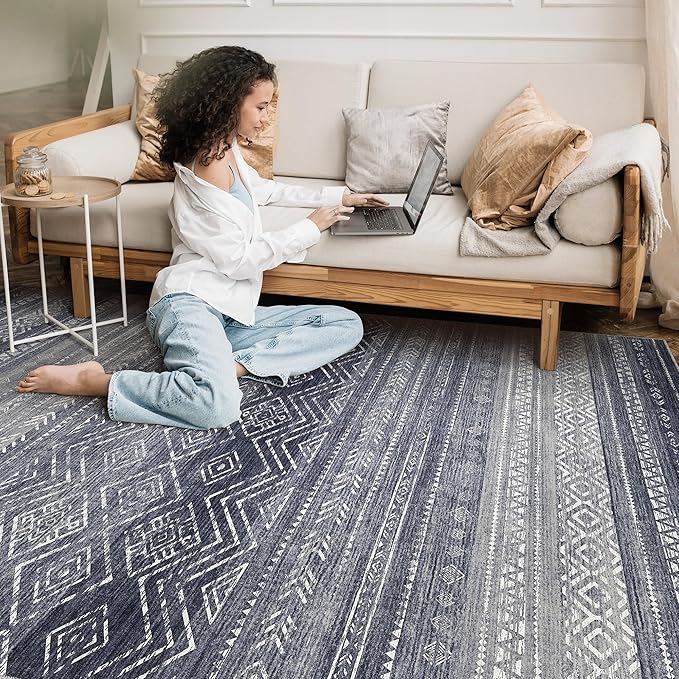 Tortania Area Rug Living Room Rugs- 8x10 Washable Large Soft Neutral Boho Moroccan Bohemian Farmhouse Rug Indoor Floor Carpet for Bedroom Under Dining Table Home Office Decor - Blue Gray