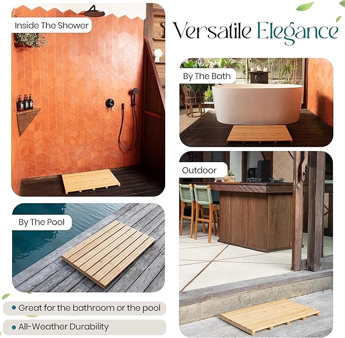 Large Natural Bamboo Bath Mat – Non-Slip Design Sauna Floor Mat, Secure Grip Pads, Water-Resistant Coating, Durable for Indoor/Outdoor Use, Bamboo Decor