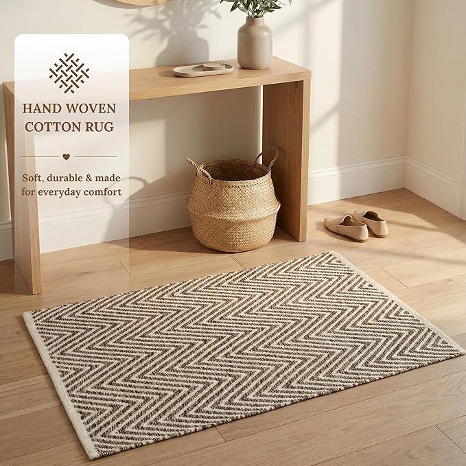 Cotton Chevron Hand Woven Area Rug 2x3 Feet - Beige, Farmhouse Decorative Floor Small Rugs Ideal for Entryway, Kitchen, Bedroom | Linen Washable Neutral Geomatric Reversible Front Door Patio Mats