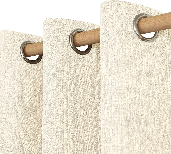 LAMIT 48 Inch Short Linen Curtains for Windows, Grommet Light Filtering Curtains Privacy Protected Window Drapes for Kitchen/Bedroom/Bathroom, Set of 2 Panels, Light Beige, W42 x L48