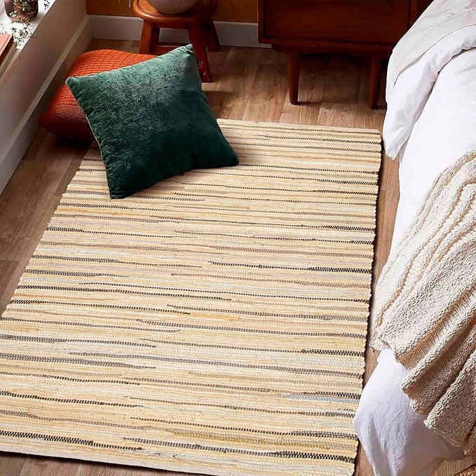 Cotton Hand Woven Chindi Rug 3x5 Feet - Beige, Decorative Soft Throw Indoor Floor Rag Rugs Ideal for Hallway, Kitchen, Kids Room | Durable Lightweight Neutral Home Space Dhurrie for Costal Décor