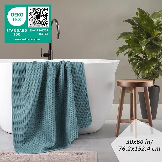POLYTE 380 GSM Microfiber Oversize Quick Dry Lint Free Waffle Bath Towel for Body, 60 x 30 in, Set of 2