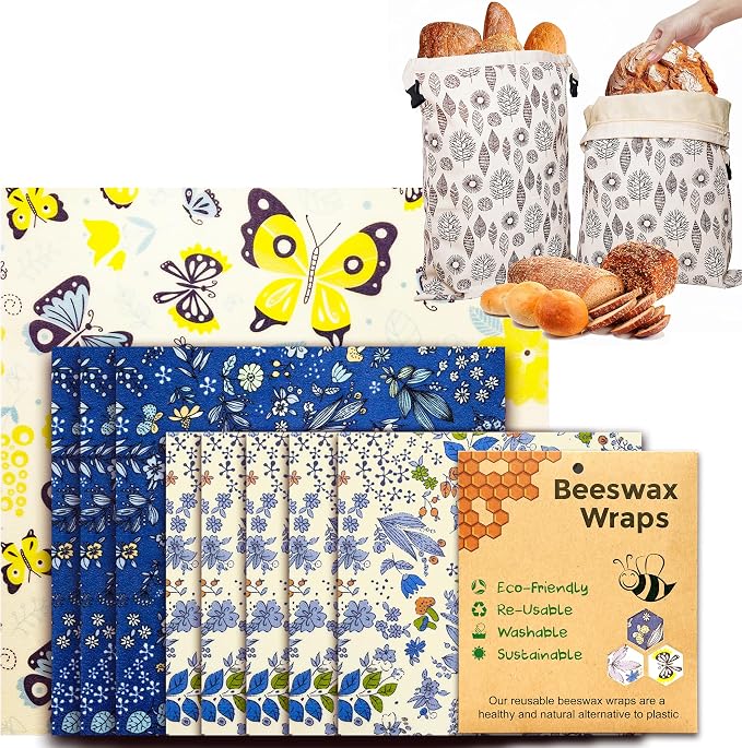 OHIYO Reusable Beeswax Bread Bags & Reusable Beeswax Wrap for Food, 9 Pack Organic Cotton Beeswax Papers (1XL + 3M + 5S)