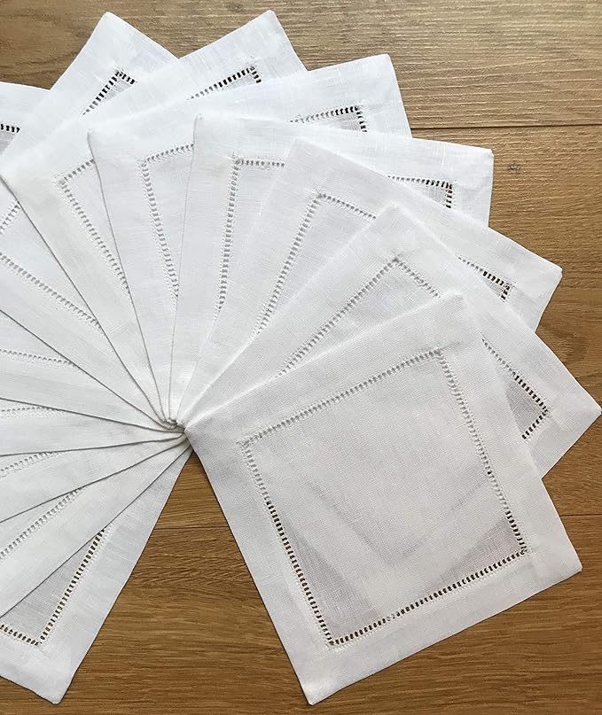 White Linen Cocktail Napkin 6"x6"-A Dozen Cloth Napkin Coasters-Ladder Hemstitch 100% Linen Beverage Party Napkin Coasters
