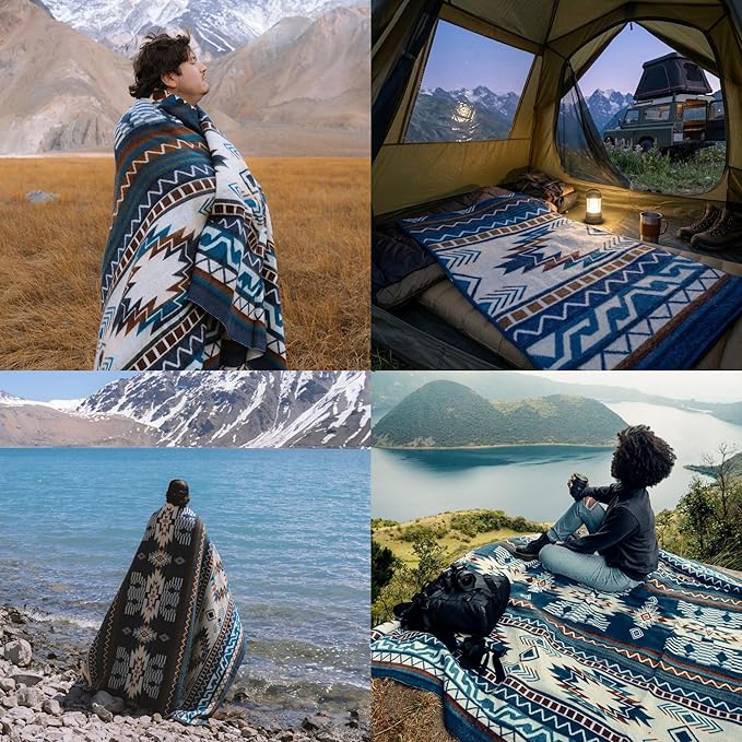 Alpaca Wool Throw Blanket, Native Design Wool Blanket, Throw Aztec Pattern Alpaca Wool Throw Blanket (Blue, Throw 78"x48")