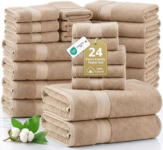 Lane Linen 100% Cotton Towel Set for Bathroom - 24 PCs - Durable, Soft, Quick Dry & Absorbent Towels - 2 Bath Sheet, 4 Fingertip, 8 Washcloths, 4 Bath & 6 Hand Towels for Bathroom - Family Set - Beige