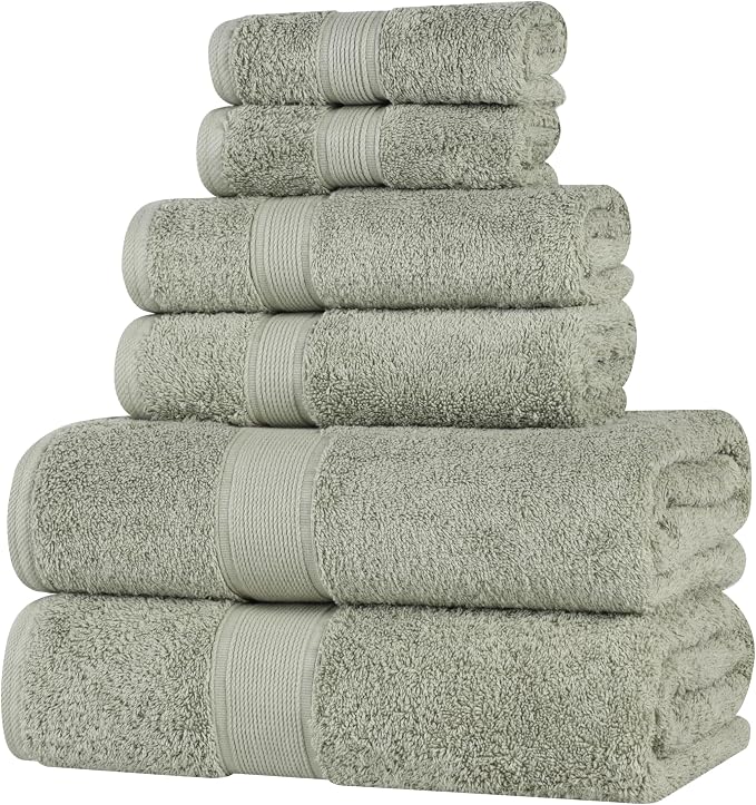 Superior 100% Organic Cotton 6-Piece Towel Set, Includes 2 Bath Towel, 2 Hand Towel, 2 Face Towel/Washcloth, Daily Use, Bathroom, Guest Bath, Absorbent, Home Essentials, Oregon Collection, Sage
