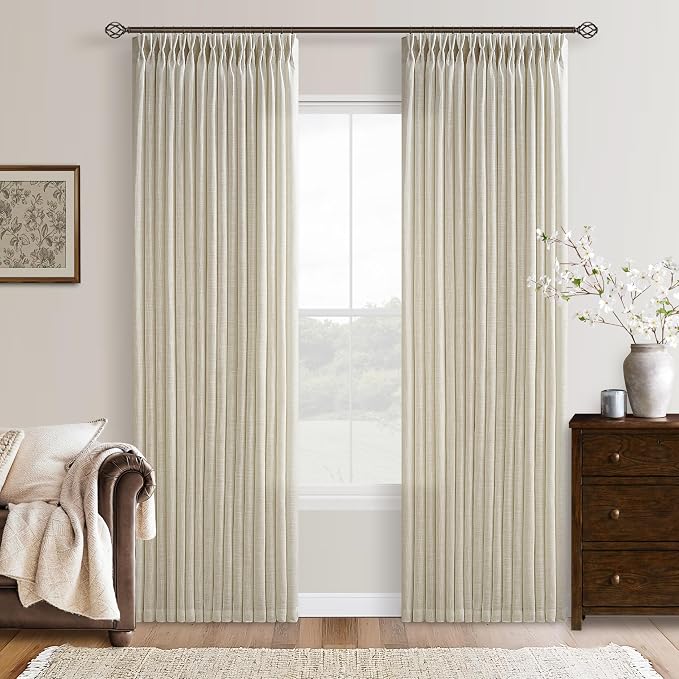 Farmhouse Linen Curtains 90 Inches Long for Living Room Dining 2 Panels Burlap Flax Pinch Pleated Drapes Hooks Rings Rustic Light Filtering Semi Sheer Tan Beige 90 Inch Curtain for Bedroom W50xL90