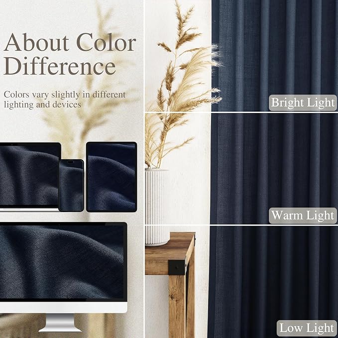 Navy Blue Linen Sheer Curtains 108 Inches Long Back Tab Rod Pocket 2 Panels Semi Sheer Extra Long Curtains Light Filtering Modern Boho Drapes for Living Room Luxury Floor Length Curtain 9Ft 40x108