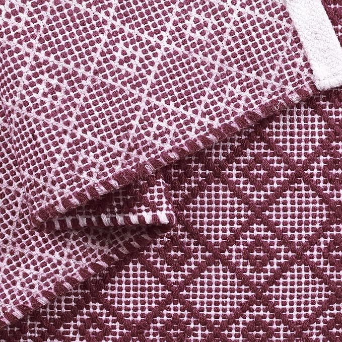 Cotton Diamond Woven Area Rug 2x3 Feet - Burgundy, Anti Slip Soft Durable Cotton Boho Front Door Mat Ideal for Entryway, Kitchen, Bedroom | Laundry Space Machine Washable Throw Carpet for Balcony