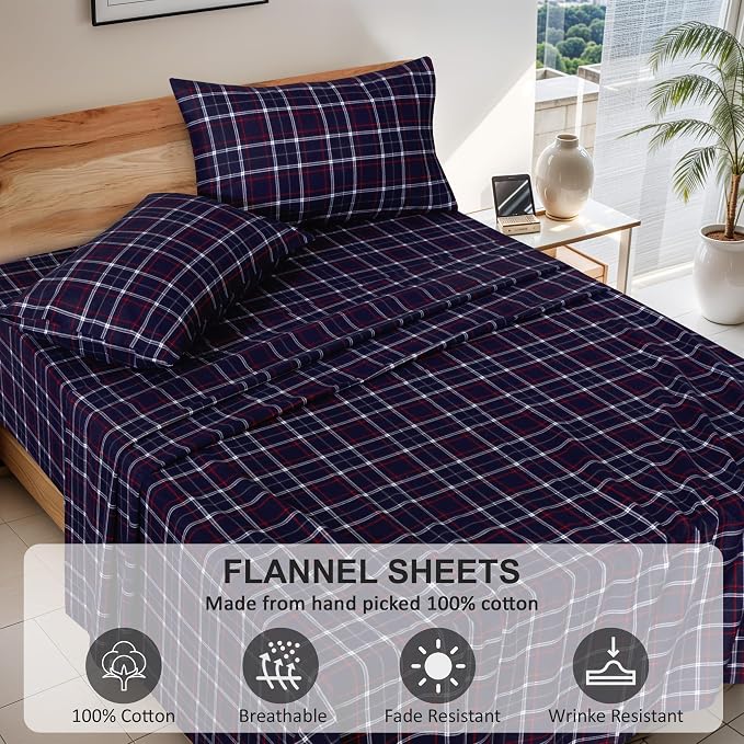 RUVANTI Flannel Sheets King Size - 100% Cotton Double Brushed King Size Sheets Set - Deep Pockets 16 Inches Bed Sheets - All Seasons Breathable & Extra Soft - Warm & Cozy, 4 Piece, Yankees Blue