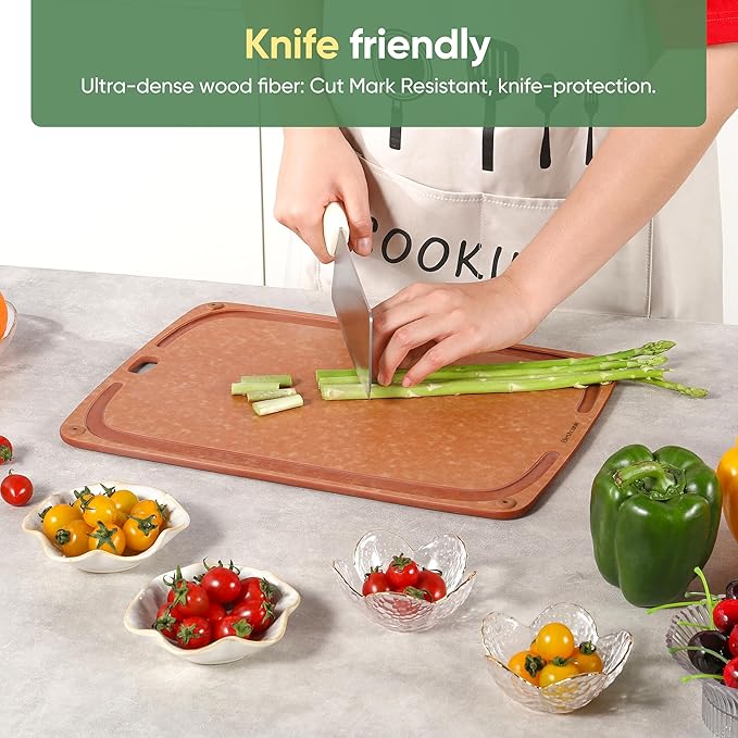 Wood Fiber Cutting Board for Kitchen - Premium Wood Fiber Cutting Board with Juice Groove and Non-slip Feet, Dishwasher Safe, Knife-Friendly Chopping Board for Meat, Bread, Fruit, 17.3”x12.8”, Wooden