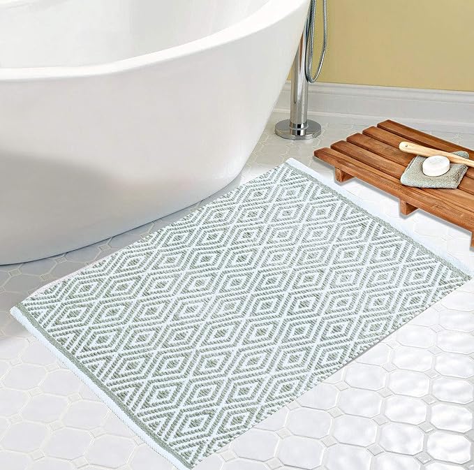 Ramanta Home 100% Cotton Diamond Handwoven Reversible Rug 21x34 Inch– Grey| Soft Washable Area Rug for Bathroom, Kitchen, Bedroom, Entryway | Durable Lightweight Handmade Accent Floor Mat | Boho Décor