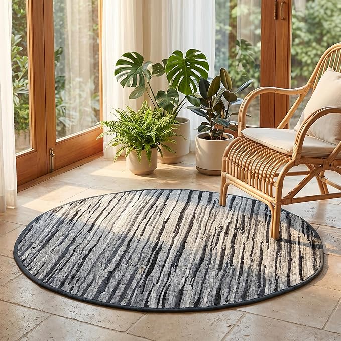 Cotton Hand Woven Chindi Area Rug 4 Feet Round - Charcoal, Reversible Large Durable Indoor Décor Carpet Ideal for Bedroom, Living Room, Nursery | Grey Soft Farmhouse Circle Floor Mat for Home Space