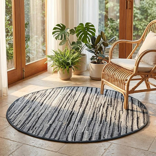 Cotton Hand Woven Chindi Area Rug 4 Feet Round - Charcoal, Reversible Large Durable Indoor Décor Carpet Ideal for Bedroom, Living Room, Nursery | Grey Soft Farmhouse Circle Floor Mat for Home Space