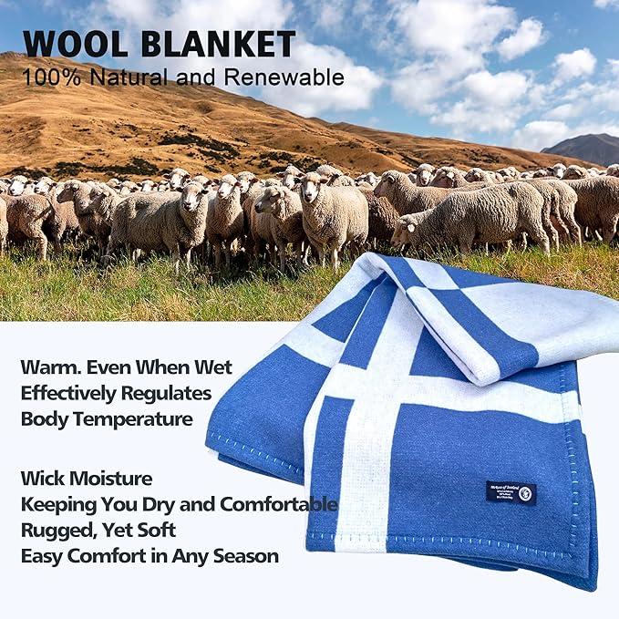 Wool Blanket & Throws 90% Wool Warm Blanket Soft Couch Blankets 75"x55" Twin Throw Blankets for Living Room, Camping, Outdoors, or Car Travel with Exquisite Box for Gift (Blue)