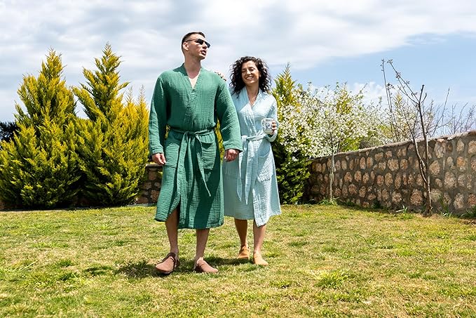 Muslin Unisex Bathrobe Women & Men, 100% Cotton Kimono Lightweight Robe | Long Robes Soft, Absorbent, Spa robes
