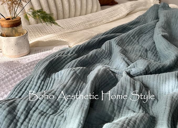 KyraHome 100% Cotton Throw Blankets for Couch, 60"x80" Pre-Washed Plant-Dyed Breathable Lightweight Gauze Soft Muslin Throw Blankets for Adults, All Season (Slate Blue)