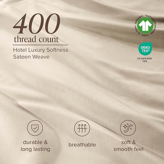 Bare Home 100% Organic Cotton Queen Sheet Set - 400 Thread Count - Smooth Sateen Weave - Breathable & Cooling - Hotel Luxury Set - Deep Pocket Bed Sheets (Queen, Sand)