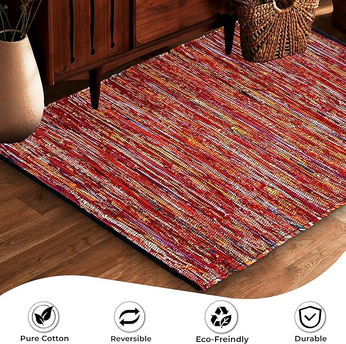 Ramanta Home Cotton Chindi Hand Woven Rug - 3x5 ft Multi Color, Reversible Area Rugs for Living Room, Kitchen, Bedroom, Biodegradable Bohemian Throw Carpet for Hpme & Office Patio - 36x60 Inches
