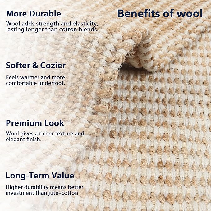 10x14 feet Natural Jute & Wool Area Rug,– Handwoven Mini Check Natural Fiber Rug with 4" Border, Neutral Boho Farmhouse Rug for Living Room,Dining Room,Bedroom | 0.6" Pile (10' x 14')