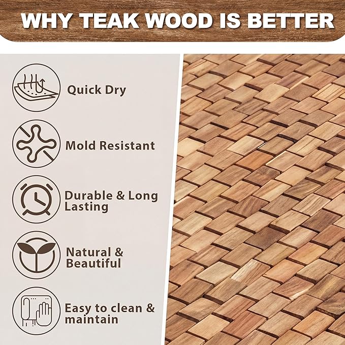 Junkin Teak Wood Bath Mat 47 x 17 Inch, Extra Long Non Slip Wooden Shower Mat for Bathroom, Teak Spa Accessory for Bathtub Area, Spa Home or Outdoor