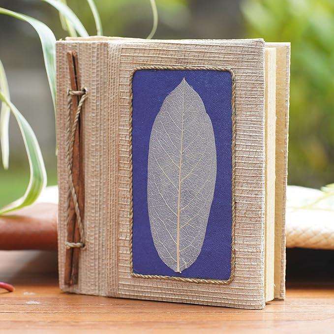 NOVICA Blue Multicolor Natural Fiber Paper Eco-Friendly Journals from Indonesia 'Blue Leaf'
