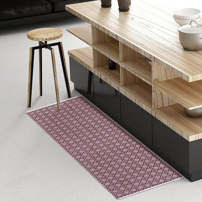 Cotton Diamond Woven Runner Rug 2x6 Feet - Burgundy, Non Slip Super Soft Farmhouse Space Patio Throw Carpet Ideal for Hallways, Kitchen, Living Room | Mehroon Large Bedroom Area Décor Floor Décor Mats