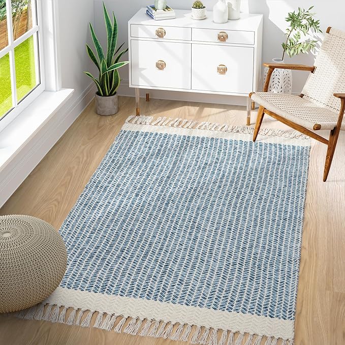 Lahome Belle Boho Bedroom Rug, 3x5 Blue Office Rug Lightweight Bath Door Mats Indoor Woven Entry Rugs with Tassels, Non Shedding Washable Throw Farmhouse Carpet for Living Room Camper RV
