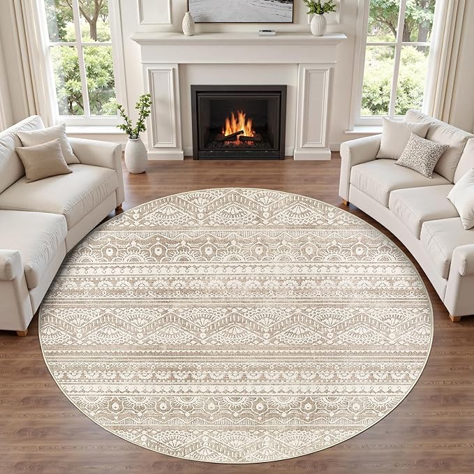 Tortania 10' Round Area Rug Living Room Rugs - Washable Large Soft Neutral Boho Moroccan Bohemian Farmhouse Rug Indoor Floor Carpet for Bedroom Under Dining Table Home Office Decor - Light Brown
