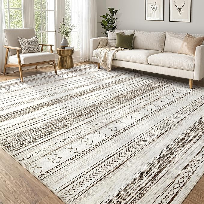 Tortania Area Rug Living Room Rugs - 12x18 Washable Large Soft Neutral Boho Moroccan Bohemian Farmhouse Rug Indoor Floor Carpet for Bedroom Under Dining Table Home Office Decor - Cream Brown