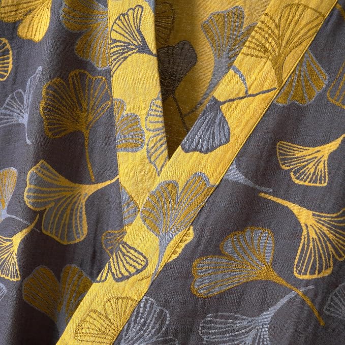 100% Cotton Gauze Ginkgo Leaf Kimono Robe, Long Knit Loose Bathrobe Nightgown Ladies Loungewear Sleepwear for Women