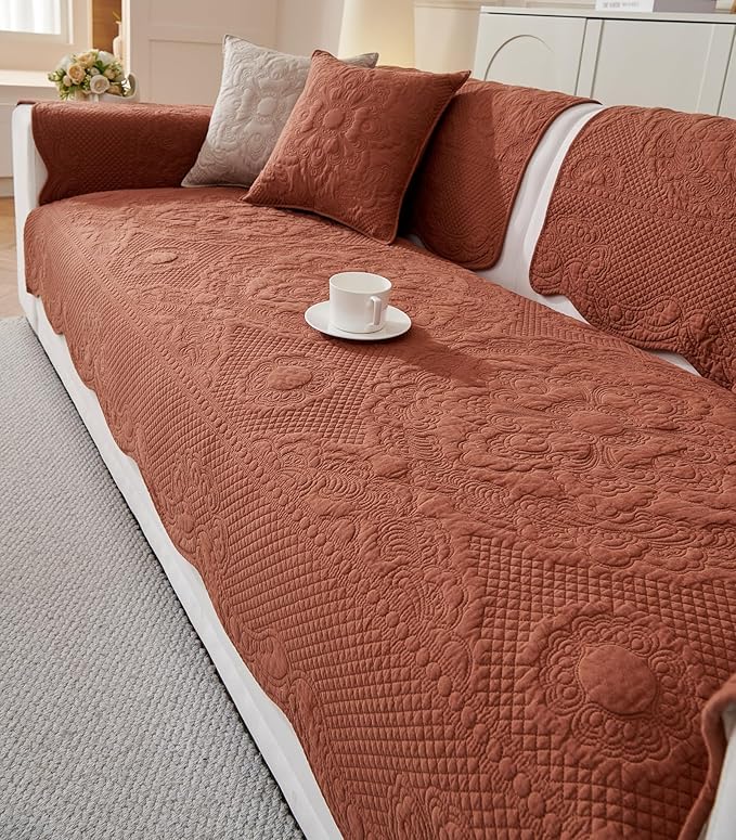 vctops Boho Cotton Quilted Couch Cover Soft Embroidered Sofa Cover Non-Slip Dog Bed Cover Scalloped Sofa Slipcover Washable Furniture Protector Cover (Orange,36"x82")