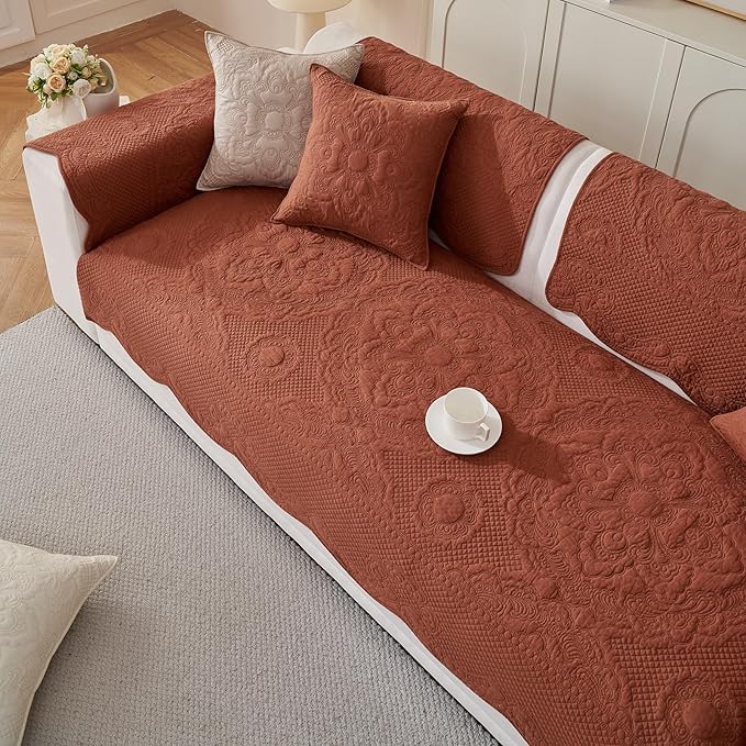 vctops Boho Cotton Quilted Couch Cover Soft Embroidered Sofa Cover Non-Slip Dog Bed Cover Scalloped Sofa Slipcover Washable Furniture Protector Cover (Orange,36"x94")