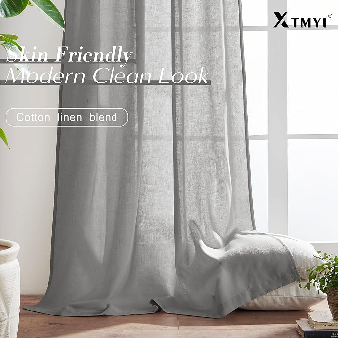 XTMYI Grey Curtains 108 Inches Long for Living Room 2 Panels Linen Back Tab Hooks Pleated Light Filtering Gray Sheer Curtains for Bedroom 108 Inch Length