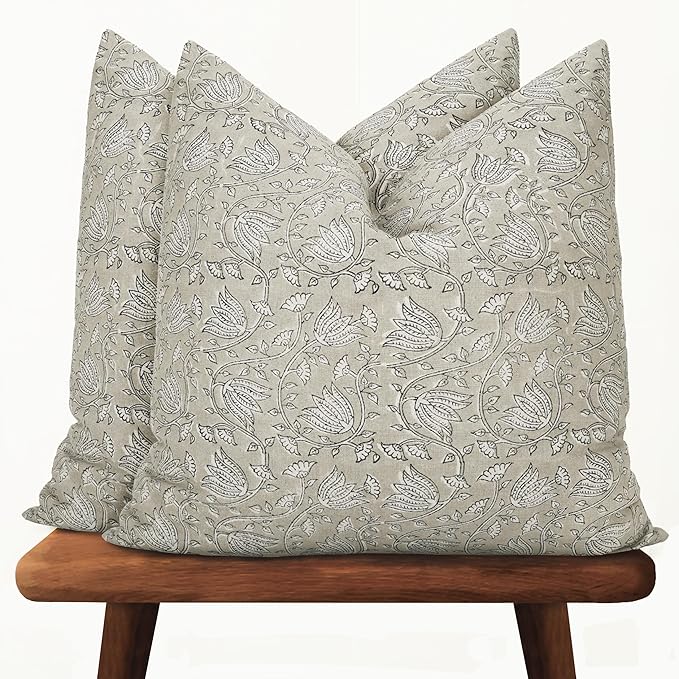 Hand-Block Printed, Artisan-Made Neutral Accent Throw Pillow Covers- 100% Cotton Cushion for Sofa, Bed, Chair, Home Decor, Boho, Indoor - Sansa (Beige, 20" x 20" (Pack of 2))