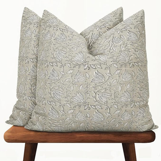 Hand-Block Printed, Artisan-Made Neutral Accent Throw Pillow Covers- 100% Cotton Cushion for Sofa, Bed, Chair, Home Decor, Boho, Indoor - Sansa (Beige, 20" x 20" (Pack of 2))
