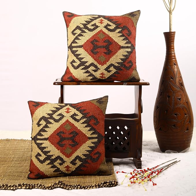 Trade Star Handwoven Rug Decorative Pillowcase Kilim Cushion Cover Set of 2 Throw Pillow Cover 70% Jute 30% Wool Pillow Shams 18x18 Inches Decorative Designer Cushion Cover (Kilim 5)